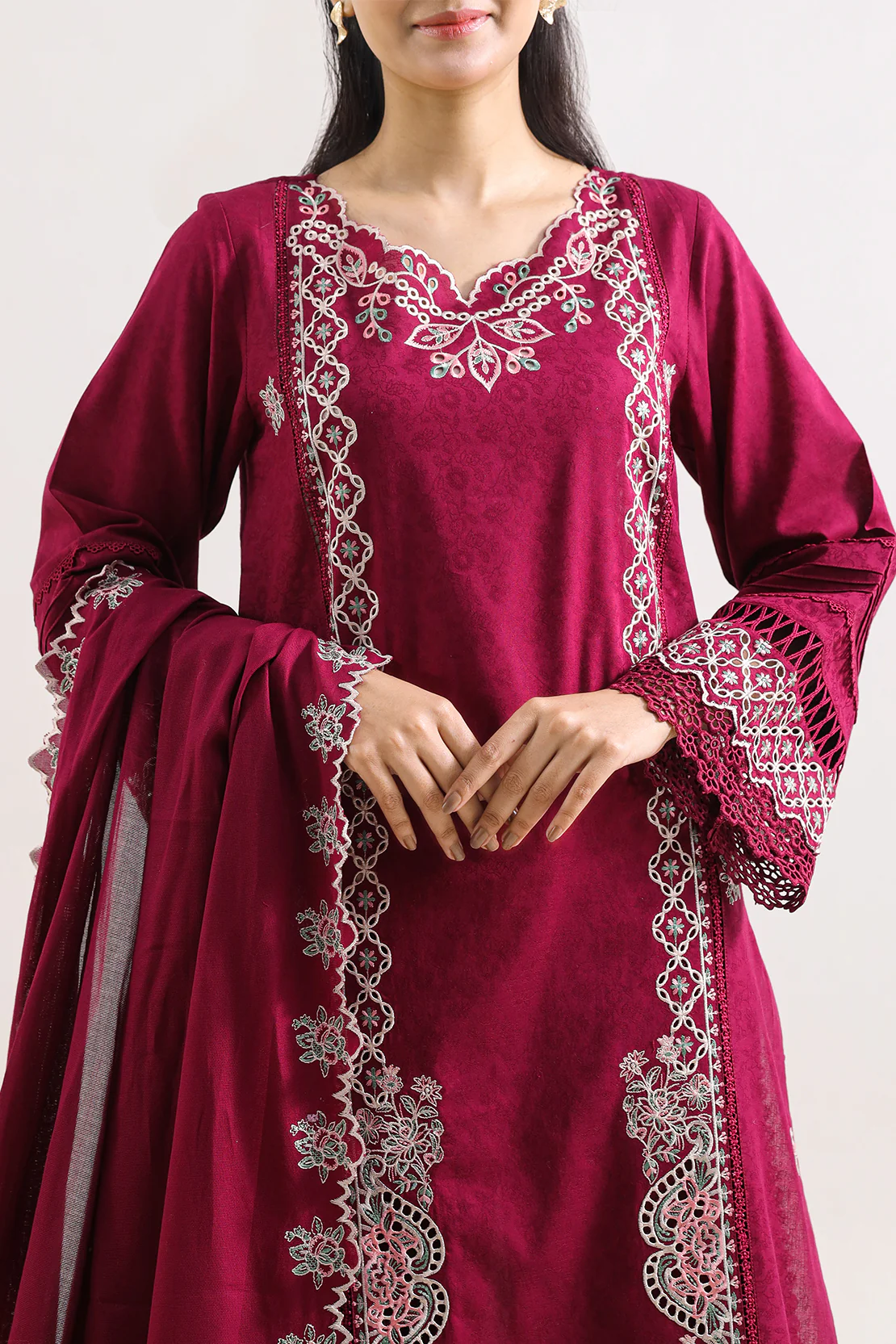 Unstitched Solid Embroidered Self Jacquard 3 Piece - Image 2